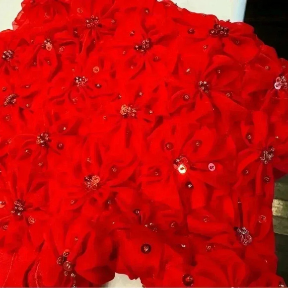 Vintage Red Embellished Intricate Neckline Short Sleeve Blouse Size 10 - Picture 12 of 14